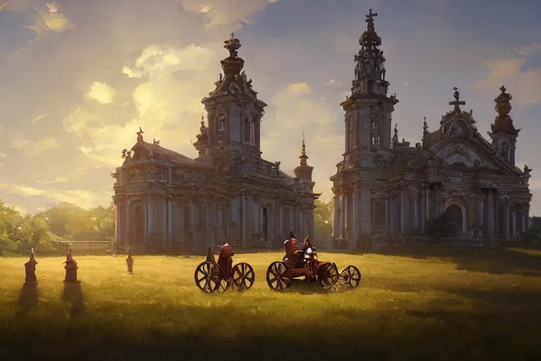 Image similar to a driving ornate baroque church mounted on chainwheels, scene in an open field. key visual, conceptart, ambient lighting, highly detailed, digital painting, artstation, concept art, sharp focus, by makoto shinkai and akihiko yoshida and greg manchess