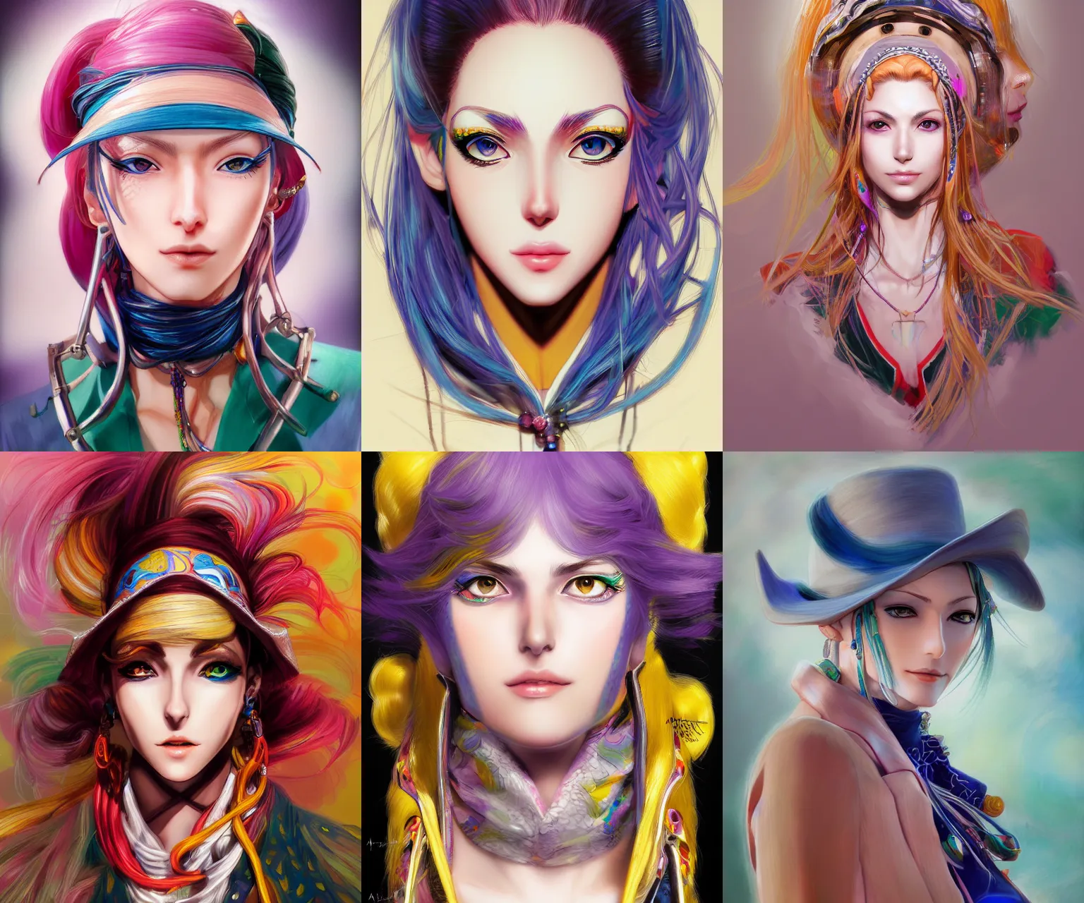 Prompt: portrait of a woman, beautiful, elegant colorful, inspired by steel ball run, artstation trending, deviantart, highly detailed, focus, smooth, by hirohiko araki, yoshitaka amano