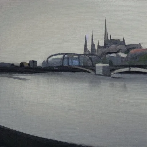 Image similar to very abstract painting of the rhine in basel, very rough brush strokes, oil on canvas, muted greyscale colors, great composition