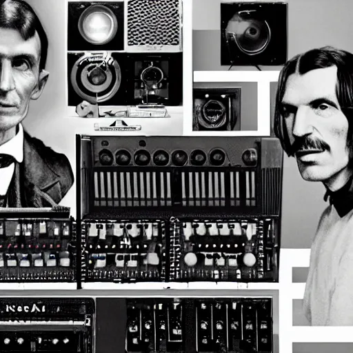 Image similar to Nikola Tesla and Aphex Twin on the moog synthesizer, rolling stones cover