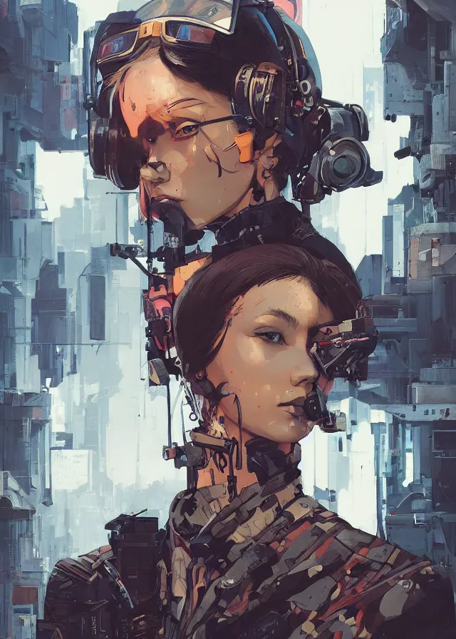 Image similar to highly detailed, james jean, ilya kuvshinov, greg rutkowski, simon roy, mcbess, yoji shinkawa, portrait illustration of a cyberpunk military woman, oil on canvas, colorful, cinematic composition, ray tracing, hyper realism, photorealistic