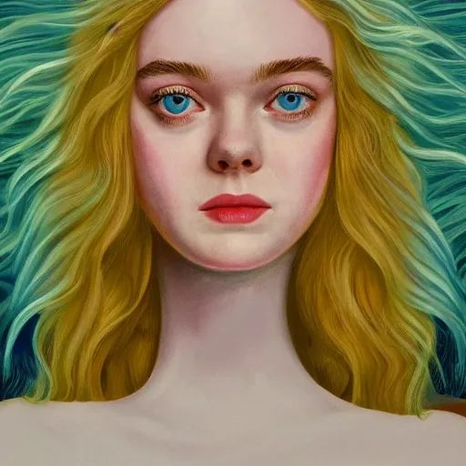 Prompt: professional painting of Elle Fanning in the style of a Purity Ring album, head and shoulders portrait, symmetrical facial features, smooth, sharp focus, illustration, intricate, stormy weather, extremely detailed masterpiece,