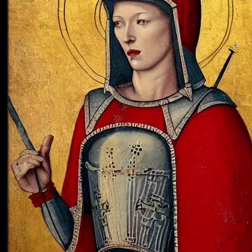 Prompt: a woman with red short hair, red hair, wearing a medieval armor, intricated details armor, holy knight, a halo on her head, holy saint, holy ichonography, catholic fresco