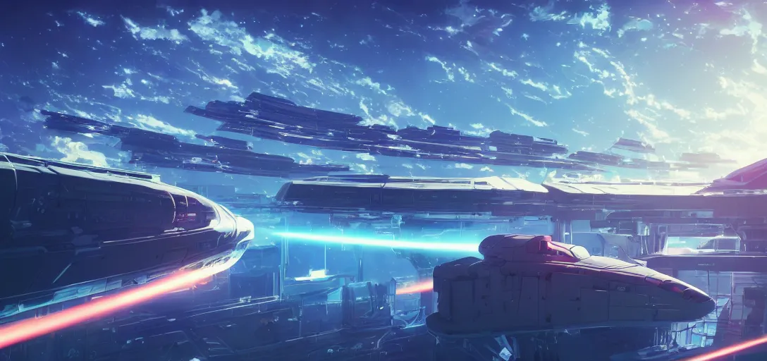 Prompt: Anime Still of a Spaceship being built on Earth, flat color, synthwave, tokyo futuristic and clean, hyper realistic, straight lines 8k hdr pixiv dslr photo by Makoto Shinkai ilya kuvshinov and Wojtek Fus, digital art, concept art