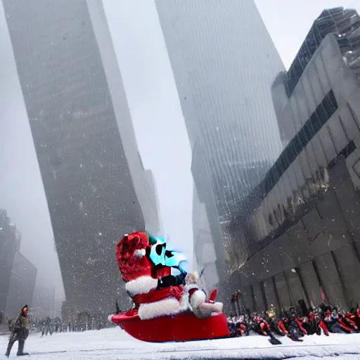 Image similar to santa claus in sleigh crashing directly into world trade center