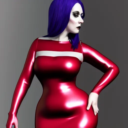 Image similar to a curvy pale goth goddess wearing an elegant modest tight shiny red-silver striped latex high-neck dress, cgsociety, photorealistic, sublime-cool-hot-hyperadvanced-dark ambience, 16k, smooth, sharp focus, trending on ArtStation, volumetric lighting, fully clothed, thin waist