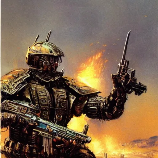 Image similar to schwarzenegger in armored suit and weapons, art by bruce pennington