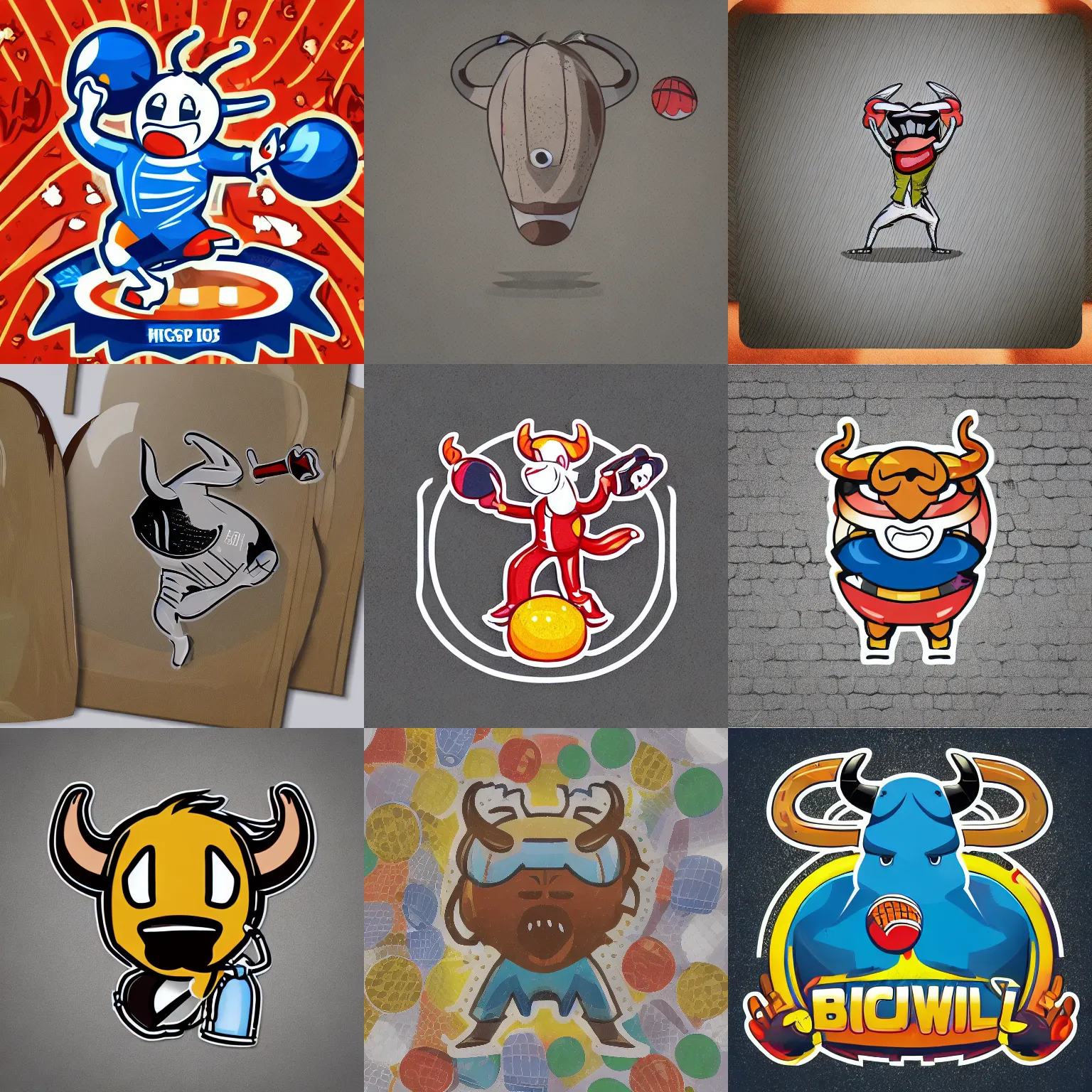 Prompt: “ aggressive anthropomorphic bull bowling with a cricket ball, full body mascot, sticker, highly detailed, colorful, illustration, smooth and clean vector curves, no jagged lines, low noise, vector art, logo ”