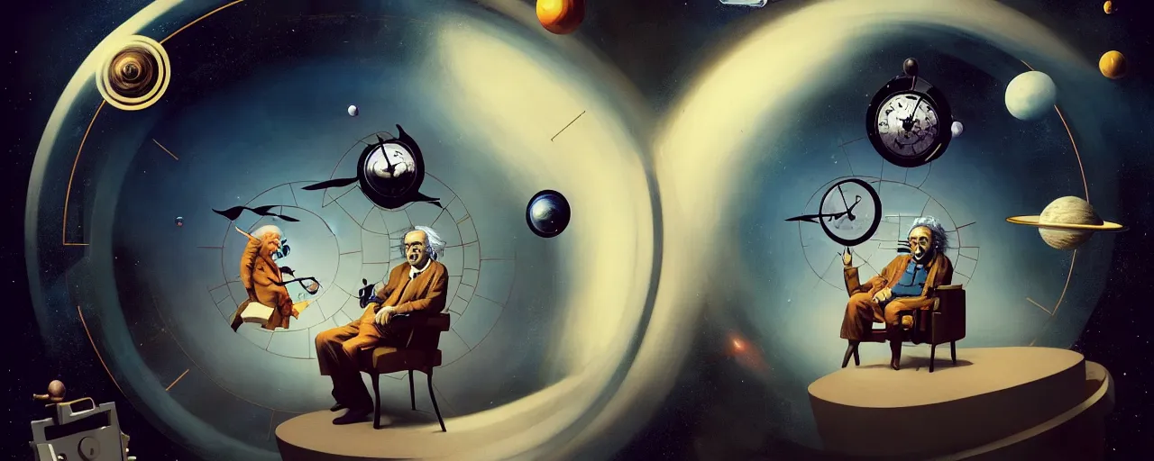 Image similar to duotone surreal illustration 3 / 4 portrait of albert einstein measuring time on salvadore dali clock in outer space. golden ratio accidental renaissance. by sachin teng and sergey kolesov and ruan jia and heng z. graffiti art, scifi, fantasy, hyper detailed. octane render. concept art. trending on artstation