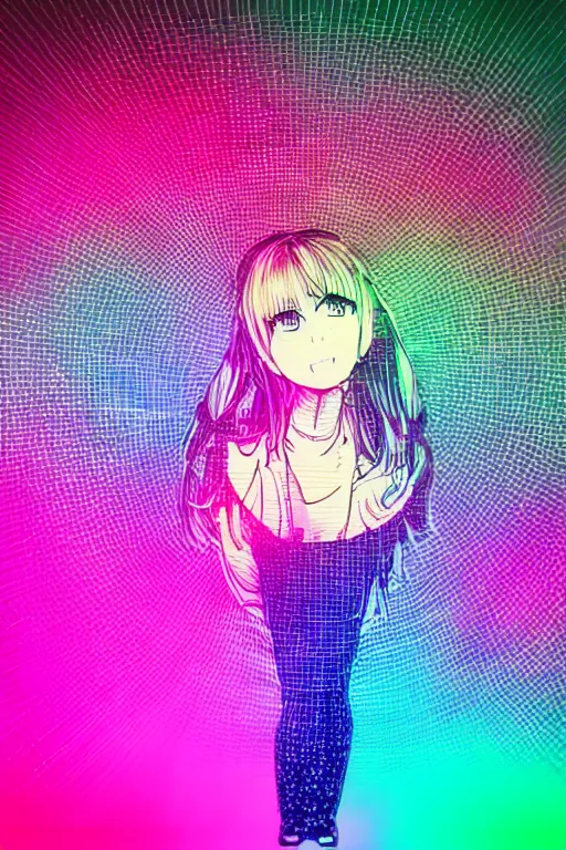 Image similar to girl in rainbow dress dancing, Anime style, glitchy, glitch art, chromatic aberration, halo over her head
