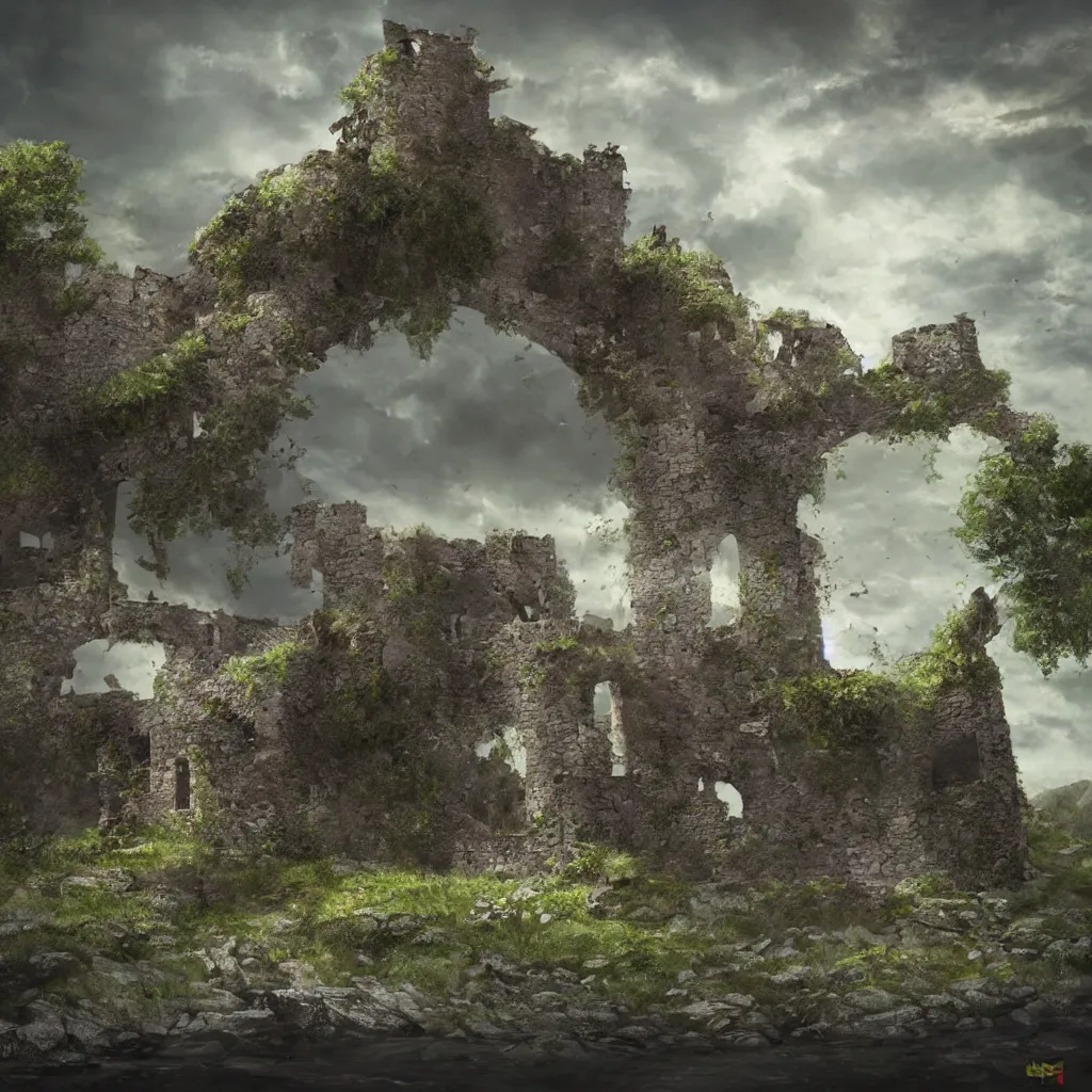 Image similar to looking up at a ruined castle on a small island only reachable by a small land bridge, 8 k, ultra realistic cinematic, intricate, cinematic light, concept art, illustration, art station