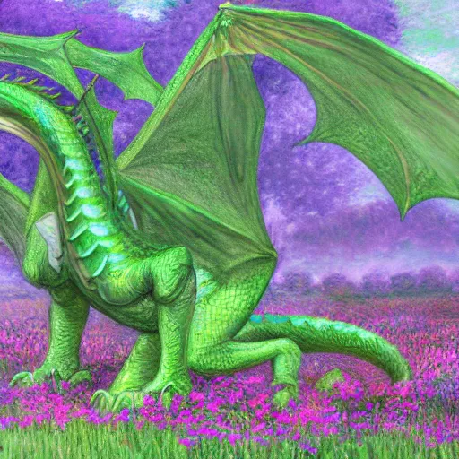 Image similar to A large green dragon sitting in a flowery meadow by Claude Monet, deviantart, furaffinity, highly detailed