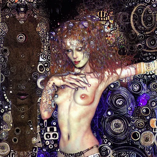 Prompt: cybernetic demon dreaming tripping on lsd, circuitry, intricate detail, klimt, royo,