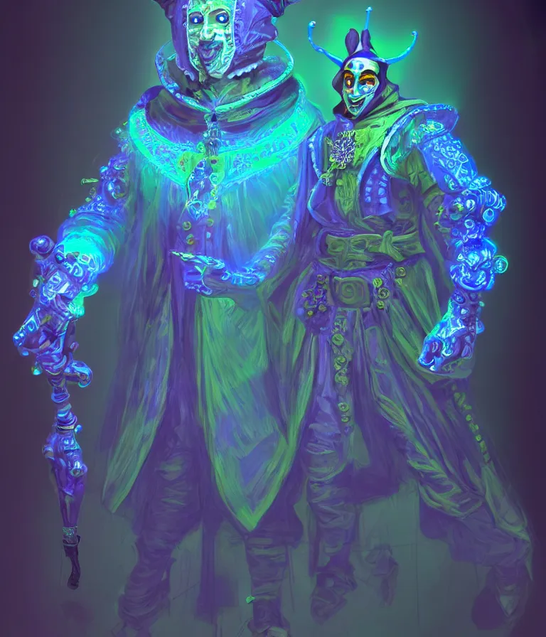 Image similar to front!!! shot of a court jester!!! character, hyperdimensional, bioluminescent hypercubes!!!, dark holography!!!, spectral, chrome, (((intricate))), elegant, highly detailed, centered, (((artstation, concept art, smooth, sharp focus, artgerm, Tomasz Alen Kopera, Peter Mohrbacher, donato giancola, Joseph Christian Leyendecker, WLOP, Boris Vallejo))), mugshot!!!!!, ugly!!!!!!, octane render, nvidia raytracing demo, octane render, nvidia raytracing demo, octane render, nvidia raytracing demo, grainy, muted, 8K, digitalblasphemy, metatron