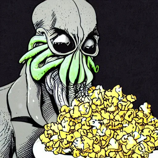 Prompt: Cthulhu eating popcorn
