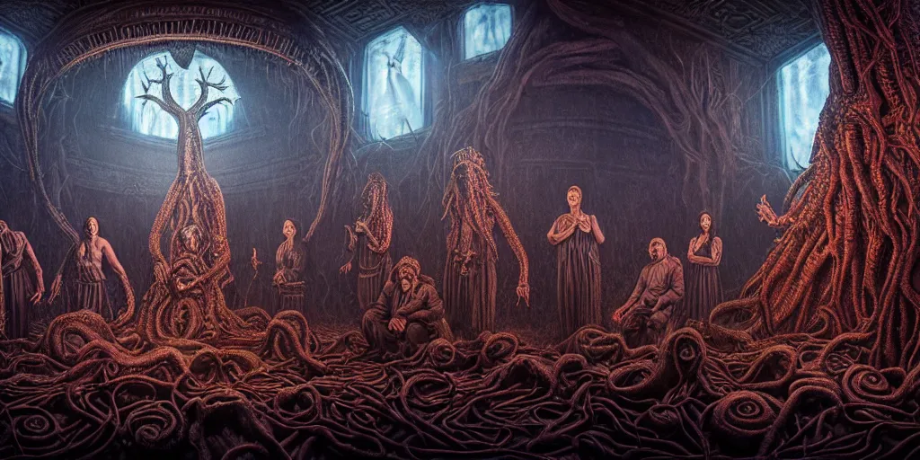 Image similar to portrait of circle group of priests invoking ritual in front of a giant lovecraft creature, intricate, glowing lights, highly detailed, sharp focus, wide - angle, atmospheric lighting, rich deep colors masterpiece, volumetric lighting, beautiful, rich deep colors masterpiece, sharp focus, ultra detailed by leesha hannigan, thierry doizon, kai carpenter