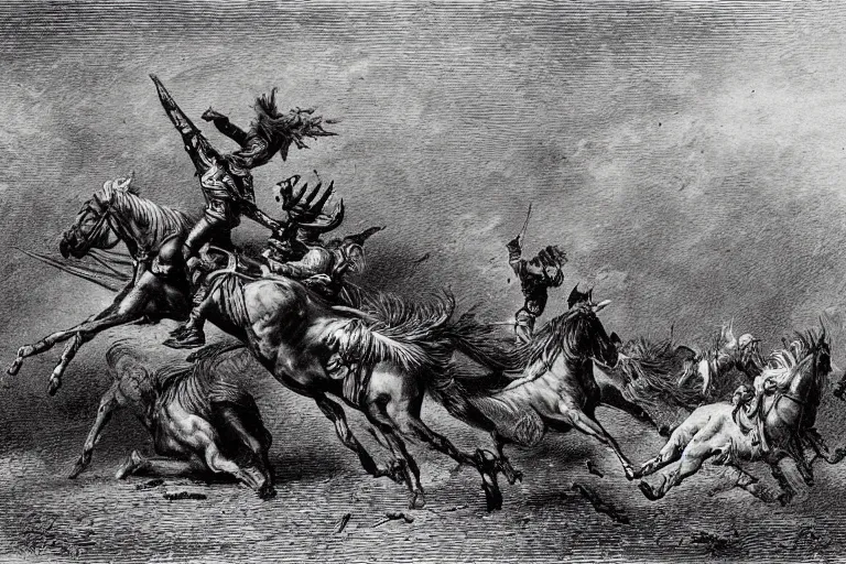 Image similar to A huge rider on a horse knocks out an infantryman in the middle of an epic battle , Gustave Dore lithography