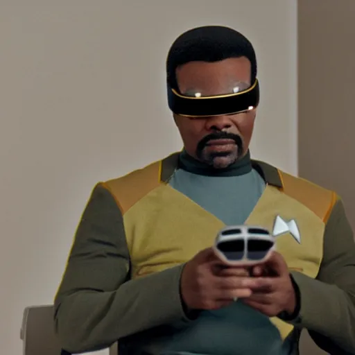 Image similar to geordi la forge wearing a small thin vr headset star trek