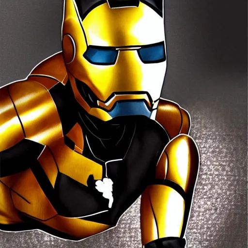 Image similar to cat in black and gold iron man suit