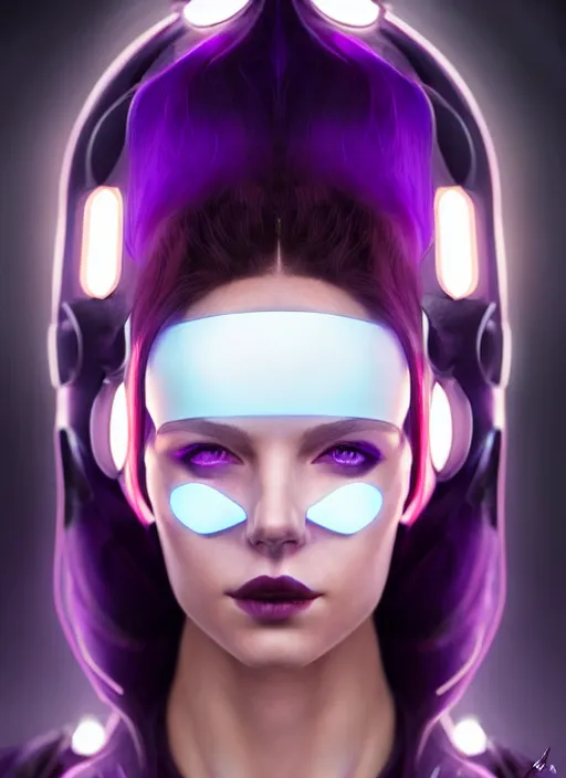Image similar to symmetry portrait of a very beautiful caucasian young cyberpunk woman with dark purple hair wearing a mask, sci - fi, tech wear, glowing lights intricate, elegant, highly detailed, digital painting, artstation, concept art, smooth, sharp focus, illustration, art by artgerm and greg rutkowski and alphonse mucha