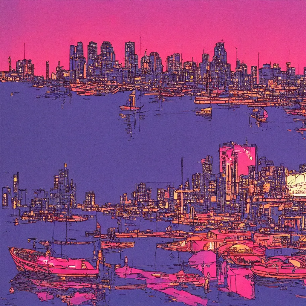 Image similar to the city lights were bright pink and orange and shone overhead. the harbour looked beautiful the sun reflecting off of the water and the neon lights of the city gave of a warm feeling, a fishing boat in first plan, by moebius