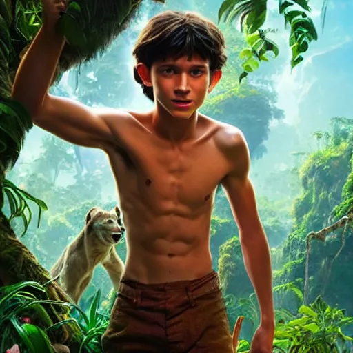 Prompt: skinny young tom holland as mowgli from the jungle book, dynamic lighting, path traced, atmospheric, highly detailed, high quality, beautiful painting, octane render, don bluth, ross tran, studio ghibli, alphonse mucha, jama jurabaev, extremely detailed, brush strokes, artstation, artgerm