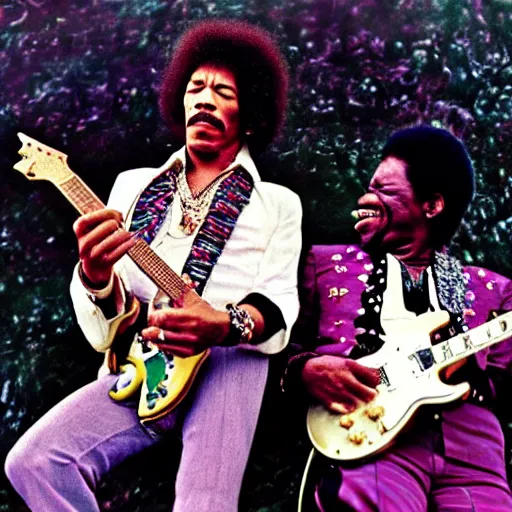 Image similar to photo of jimi hendrix and b. b king, with very highly detailed face, jamming with electric guitars, sitting on fluffy clouds. realism, beautiful, dramatic by steve mccurry