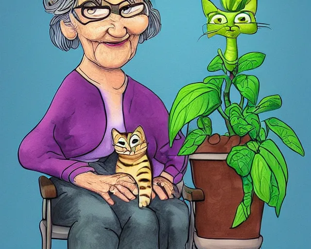 Prompt: detailed cartoon portrait of an old lady and her plant cat, pixar, sharp high quality