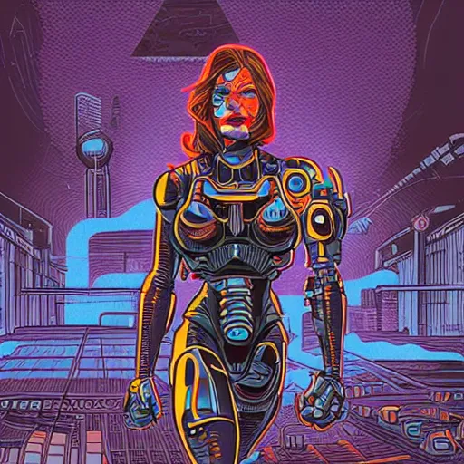 Prompt: illustration of an attractive female cyborg by dan mumford
