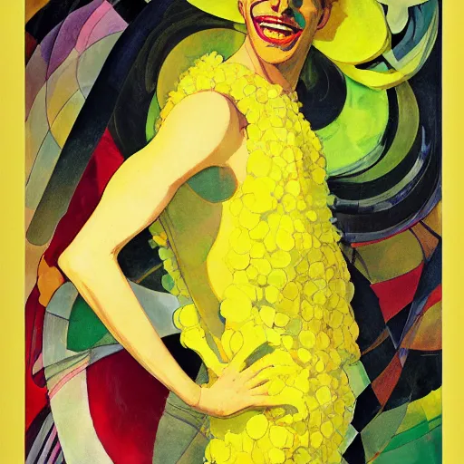 Image similar to art by joshua middleton, the yellow creeper, a tall manically smiling yellow - skinned man with green and black striped cycling shorts and wearing a long red feather boa, yellow makeup, mucha, kandinsky, poster, comic art, stylised design