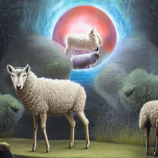 Image similar to a wolf with 2 sheep meditating in a zen garden with a waterfall under the blood moon, by Adi granov and afarin sajedi and amanda sage and evgeni gordiets and Agostino Arrivabene and adonna khare in a psychedelic portrait style, ultrarealistic matte painting, volumetric lighting, fractal, extremely symmetrical, highly detailed face, orisha, 8k, hd