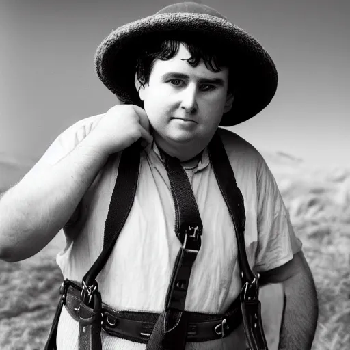 Image similar to close up headshot of a frowning clean shaven pudgy British lad with short curly dark brown hair as a hobbit wearing a white men's crossbody sling chest bag and blue vest, blue vest!! white crossbody chestbag!! high resolution film still, by Jeff Bark