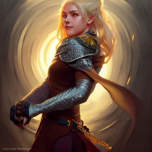 Image similar to an epic fantasy comic book style portrait painting of a young blonde girl thief, d & d, fantasy, joyful smirk, intricate, elegant, digital painting, artstation, concept art, matte, sharp focus, illustration, art by artgerm and greg rutkowski and alphonse mucha