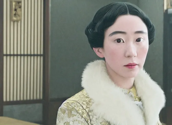 Image similar to a film still of a japanese princess young lady called kamisato ayaka, with white hair and bangs!!!! in the grand budapest hotel ( 2 0 1 4 )