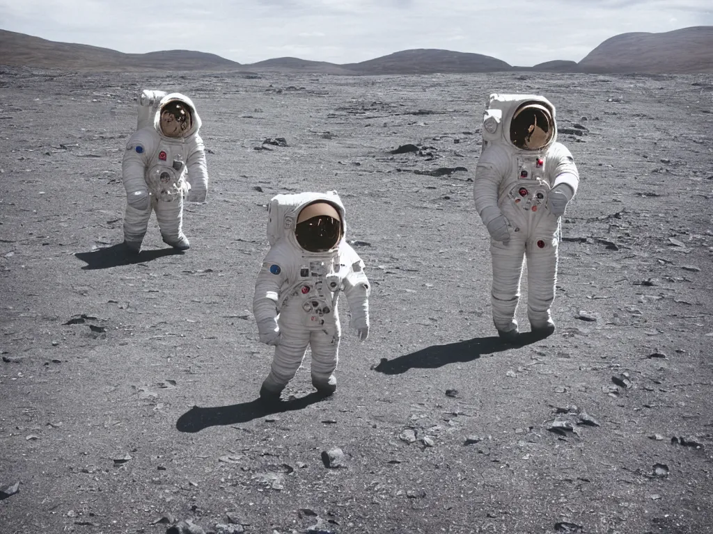 Image similar to tourist astronaut visiting the Isle of Harris, Scotland, a spaceship in the background, 35 mm lens, large format camera, photorealistic