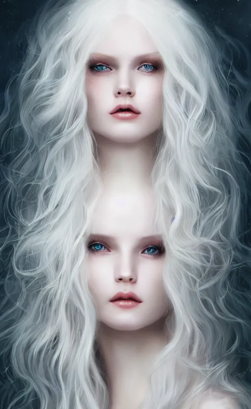 Image similar to a beautiful woman glossy porcelain skin albino, 8 k, sensual, hyperrealistic, hyperdetailed, beautiful face symmetrical, long white hair windy, dark fantasy, fantasy portrait by laura sava