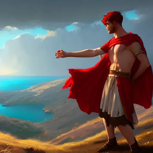 Image similar to young roman man with red hair in a tunic standing on a ridge in greece 4 k, concept art, by wlop, ilya kuvshinov, artgerm, krenz cushart, greg rutkowski, pixiv. cinematic dramatic atmosphere, sharp focus, volumetric lighting, cinematic lighting, studio quality