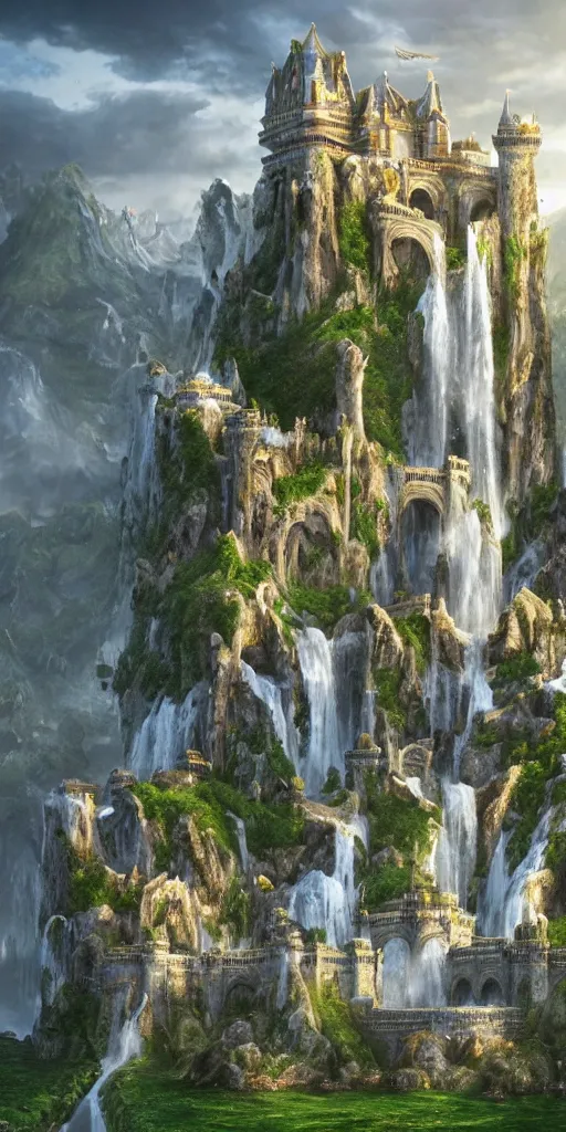 Image similar to a beautiful fantasy landscape of a large majestic castle adorned with gold linings and white marble walls from DND with lots of towers bridges and levels on top of a lush cliff with a huge waterfalls in the middle, ruins of structures at the bottom, afternoon light streaking with god rays, Dungeons and Dragons Castle, ornate, detailed, octane render, 8k, trending on artstation deviantart google images, pinterest, canon 35mm lens