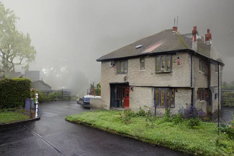 Image similar to cyberpunk, an estate agent listing photo, external view of a 5 bedroom detached city house in the UK, it's raining, car on the driveway, by Paul Lehr, highly detailed, photorealistic, unreal engine, 8k, anamorphic, cinestill cinematrography