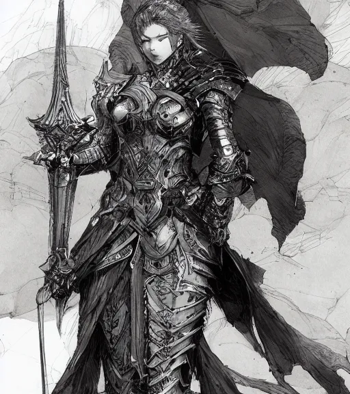 Image similar to anime woman in armor, pen and ink, intricate line drawings, by craig mullins, ruan jia, kentaro miura, greg rutkowski, loundraw