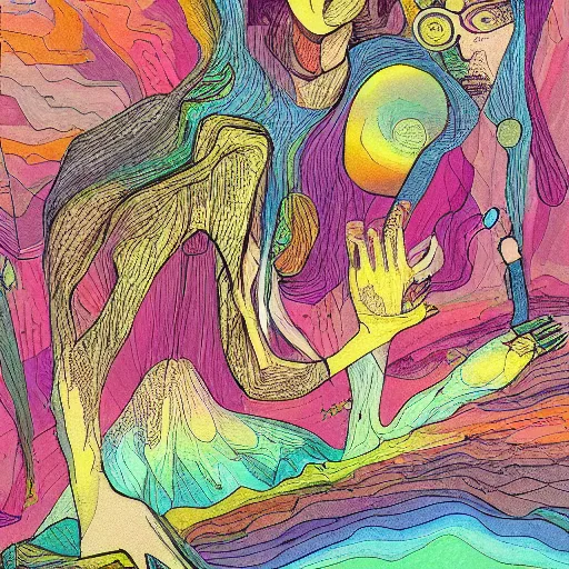 Image similar to dissociation, derealization, disconnection, amnesia, fantasy illustration, abstract, amorphous, eerie, organic, inhuman, rich colors