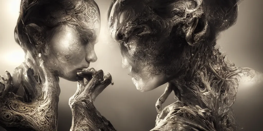 Image similar to hyper realistic photography of a stunningly beautiful cyborg female, elbow, thy, intimate, holding close, reflective chrome in the style of beth cavener, jin kagetsu,, and wlop, highly detailed, intricate filigree,, masterpiece, award winning, sharp focus, concept art, ringflash lighting, ambient lighting, octane render, 8 k, artstation