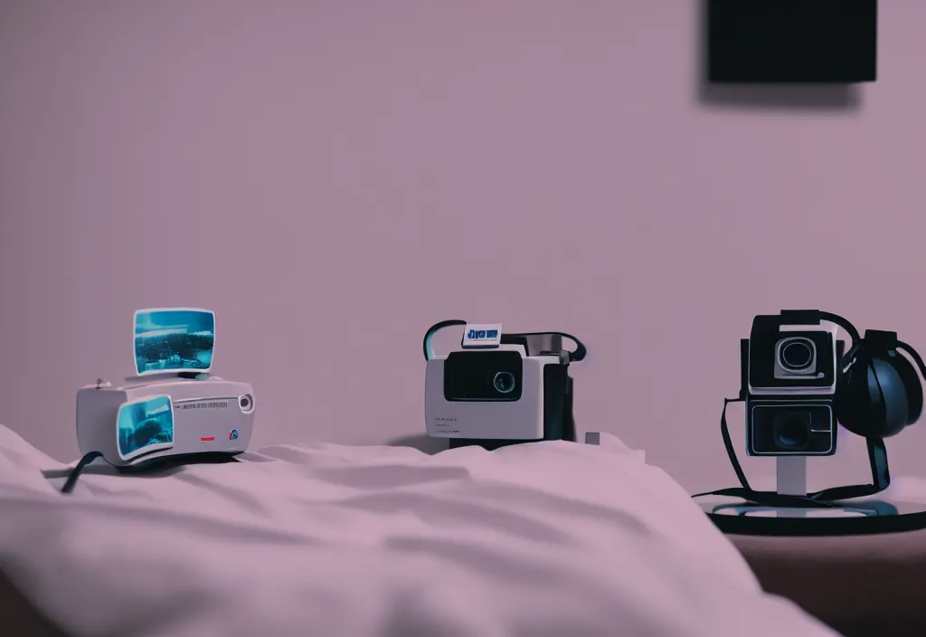 Image similar to 3 d dreams popping out of curved movie screen, volumetric lighting, bedroom, visor, sleeping, pair of keycards on table, bokeh, creterion collection, shot on 7 0 mm, instax