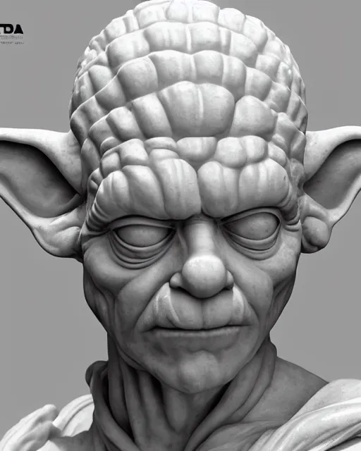 Image similar to White marble bust of Yoda by Michelangelo and Bernini, Star Wars, product shot, macro, museum, magical, enchanted, hyper realistic, orange sunlight, octane render, raytracing, trending on artstation, artstationHD, artstationHQ, unreal engine, 4k, 8k