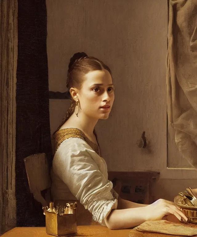 Prompt: a highly detailed, beautifully lit portrait of a pretty, young alicia vikander alba sitting at a table by an open window, oil painting portrait by vermeer and bouguereau