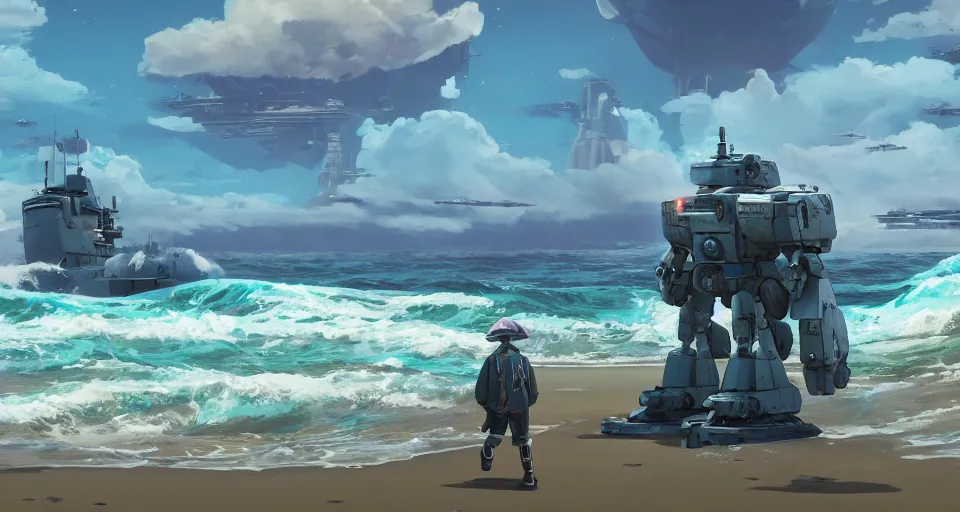 Image similar to A very beautiful serene coast landscape scene with a GIANT MECHA style BATTLESHIP looming in the distance, bright sunny waves splashing on the beach, rendered by simon stålenhag, rendered by Beeple, Makoto Shinkai, syd meade, environment concept, digital art, Gundam style, starwars, unreal engine, 3 point perspective, WLOP, trending on artstation, low level, 4K UHD image, octane render,