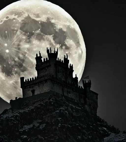 Image similar to a dragon silhouette crossing the full moon at night, with dark castle in foreground, cinematic frame by steven spielberg, game of thrones, hd