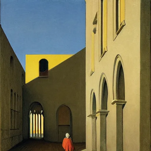 Image similar to in the distance, a little girl with short black hair and wearing a yellow coat alone in the inner courtyard of an abbey, the light is bright and wintry, painting by hopper and de chirico