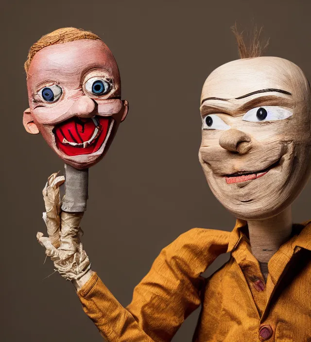 Image similar to hyper realistic photography of horror ventriloquist wooden puppet with old carved painted head