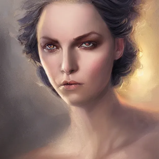 Image similar to a detailed matte head - on portrait painting of an middle - aged half - tiefling noblewoman with golden eyes and short well kept hair, by charlie bowater, lise deharme, wlop, tending on arstation, dungeons and dragon, dnd, pathfinder, fanart, oil on canvas